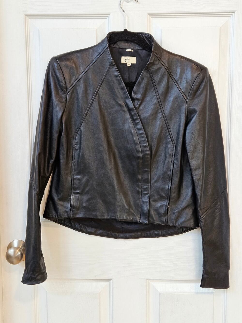 June Genuine Leather Jacket Womens Medium Black Minimalist Moto Open Front